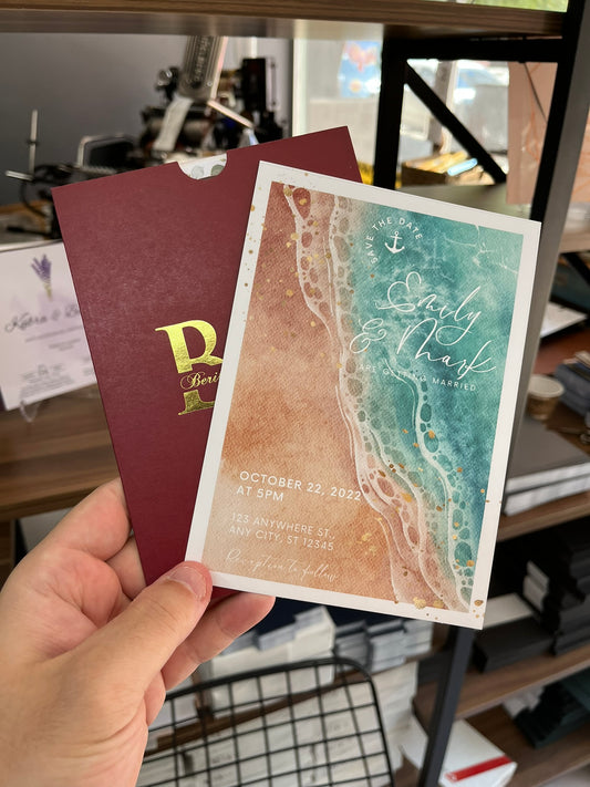 Beach Save the Date Wedding Invitation with Foil Sleeve
