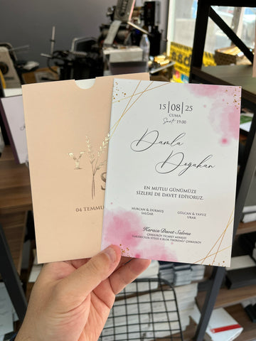 Pink and Gold Watercolor Wedding Invitation with Foil Sleeve