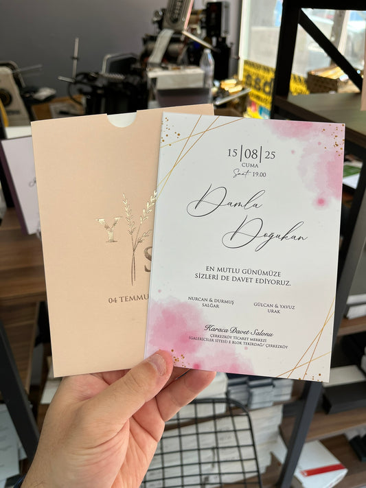 Pink and Gold Watercolor Wedding Invitation with Foil Sleeve