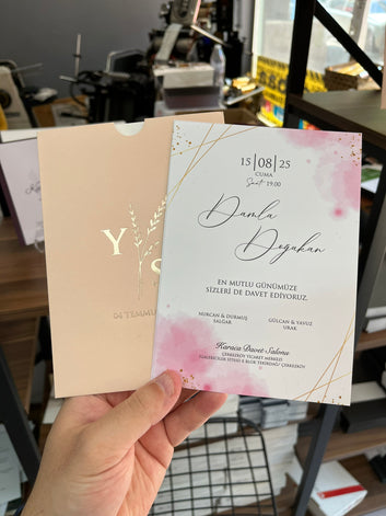 Pink and Gold Watercolor Wedding Invitation with Foil Sleeve