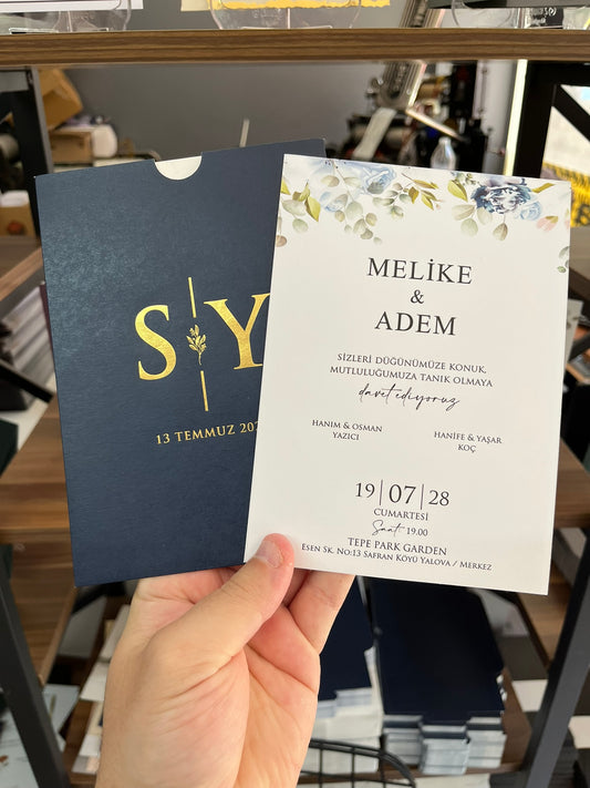 Floral Wedding Invitation with Navy Sleeve and Gold Foil