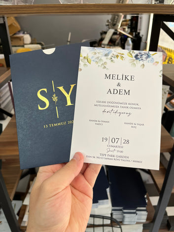 Floral Wedding Invitation with Navy Sleeve and Gold Foil