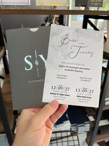 Gray Marble Wedding Invitation with Silver Foil Sleeve