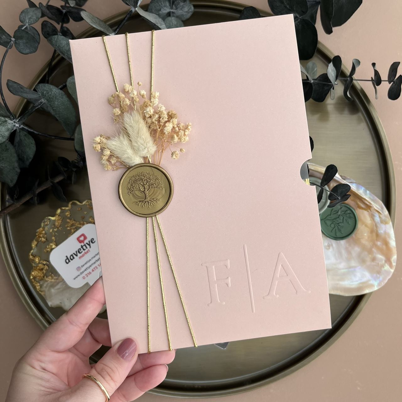 Boho Acrylic Wedding Invitation with Dried Flowers & Tree Wax Seal