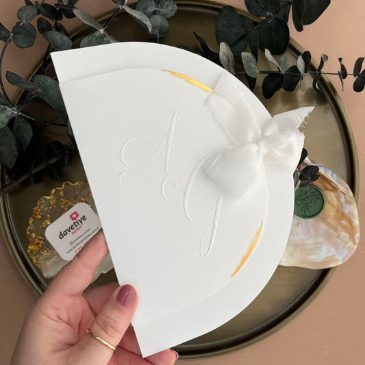 Elegant Arch-Shaped Wedding Invitation with White Ribbon and Gold Foil Details