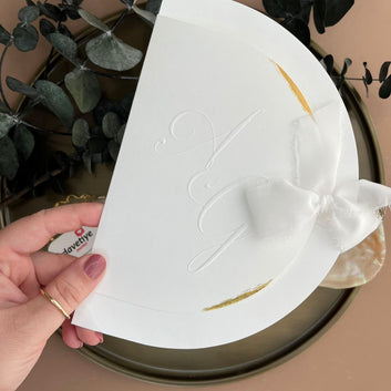 Elegant Arch-Shaped Wedding Invitation with White Ribbon and Gold Foil Details