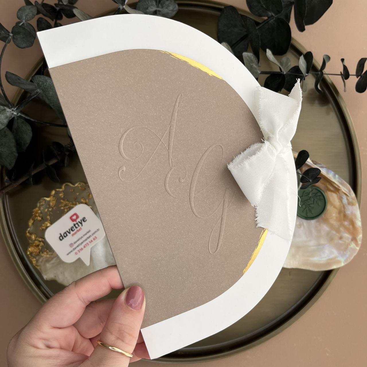 Elegant Half-Moon Wedding Invitation with White Ribbon and Gold Foil