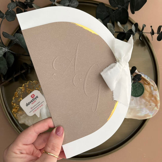 Elegant Half-Moon Wedding Invitation with White Ribbon and Gold Foil