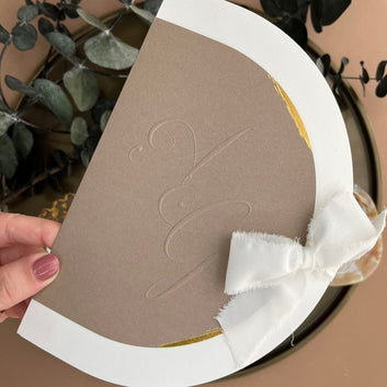 Elegant Half-Moon Wedding Invitation with White Ribbon and Gold Foil