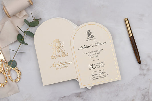 Cream & Gold Foil Henna Night Invitation – Elegant Arch Shape