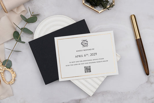 Mini Black & White RSVP Card with Gold Border – Wedding Response Card
