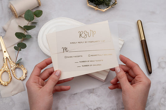 Elegant Mini RSVP Card with Gold Foil Print & Envelope