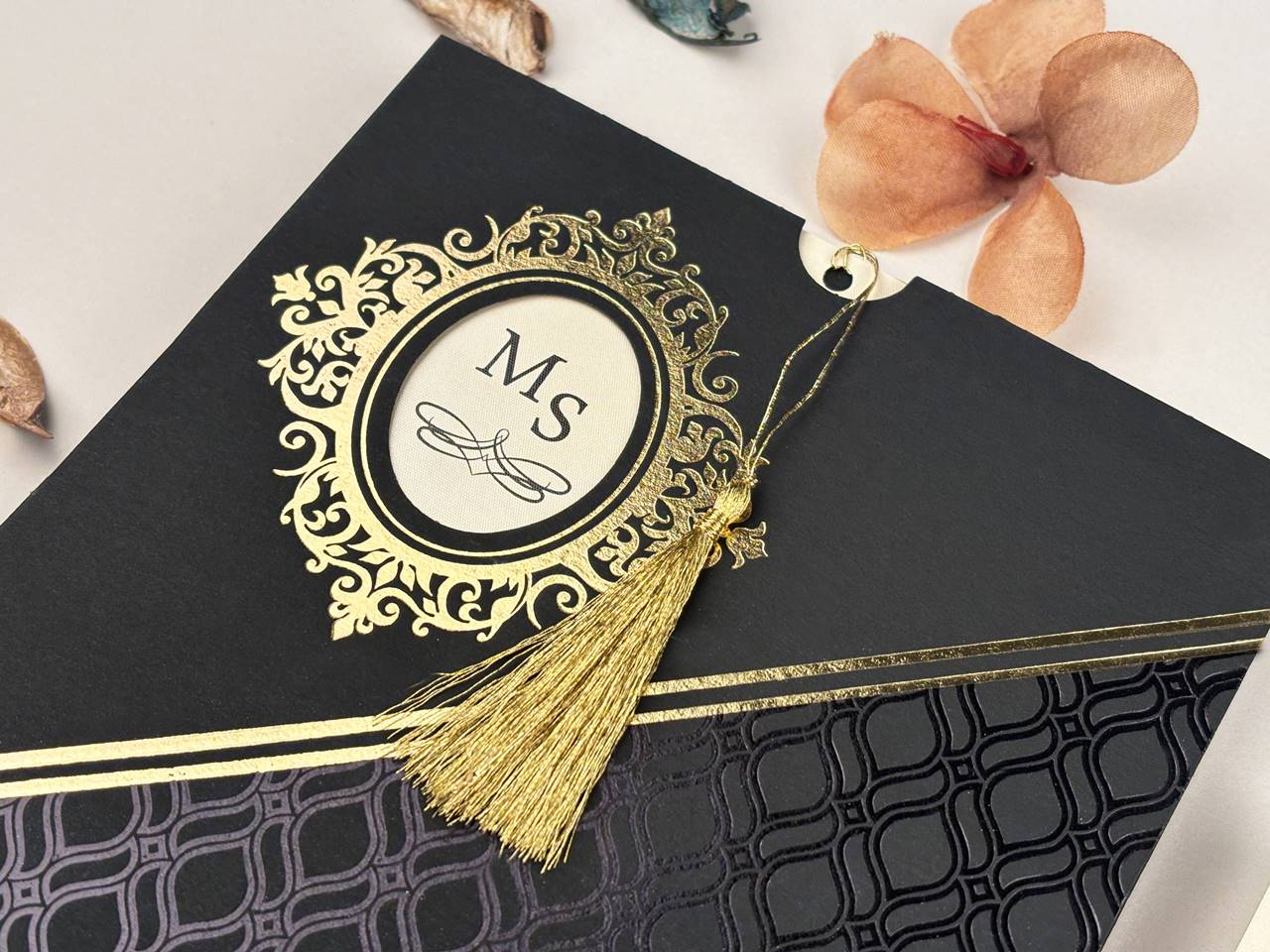 Luxury Black & Gold Wedding Invitation with Tassel – Classic Royal Design