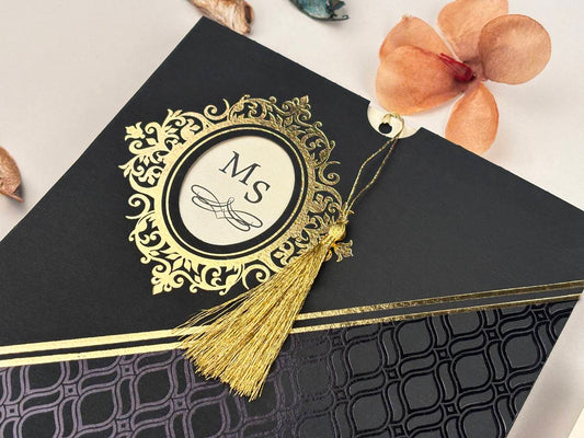 Luxury Black & Gold Wedding Invitation with Tassel – Classic Royal Design