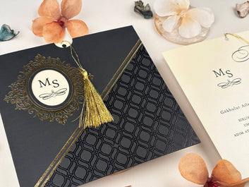 Luxury Black & Gold Wedding Invitation with Tassel – Classic Royal Design