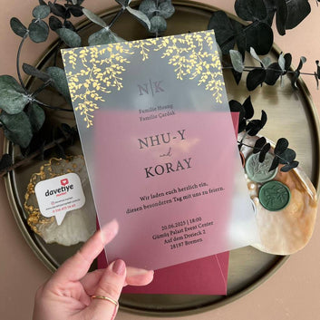 Frosted Acrylic Wedding Invitation with Gold Leaf Design – Elegant Transparent Card
