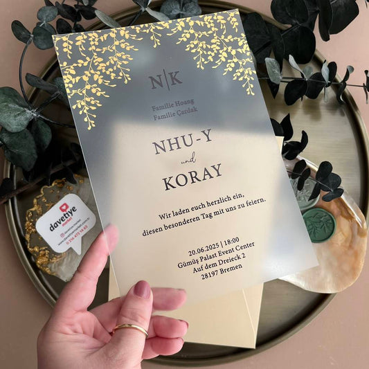 Frosted Acrylic Wedding Invitation with Gold Leaf Design – Elegant Transparent Card