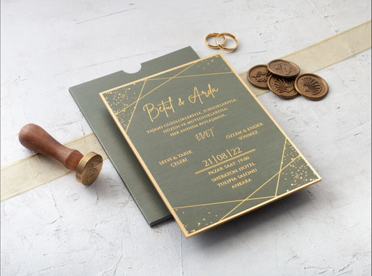 Luxury Olive Green Wedding Invitation with Gold Foil Edges