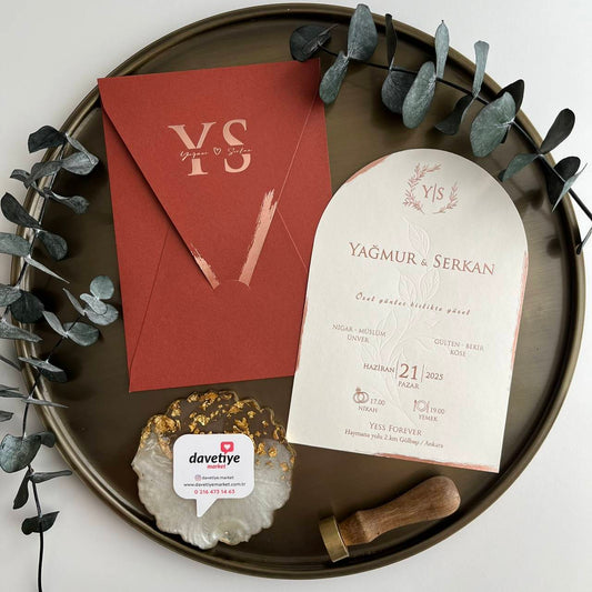 Arched Wedding Invitation with Terracotta Envelope and Rose Gold Foil