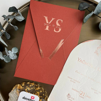 Arched Wedding Invitation with Terracotta Envelope and Rose Gold Foil