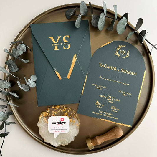 Arched Dark Green Wedding Invitation with Gold Foil and Custom Envelope
