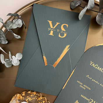 Arched Dark Green Wedding Invitation with Gold Foil and Custom Envelope