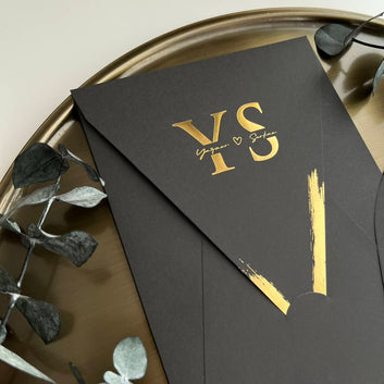 Arched Black Wedding Invitation with Gold Foil and Monogram Envelope