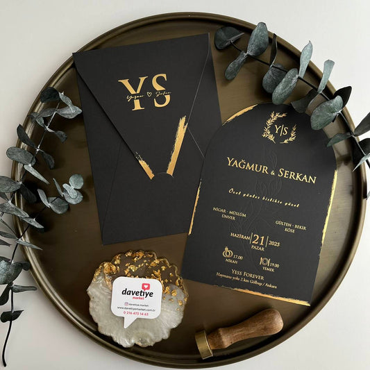 Arched Black Wedding Invitation with Gold Foil and Monogram Envelope