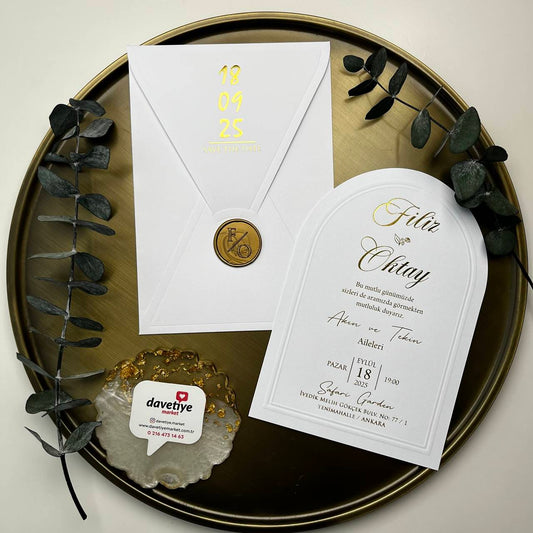 Arched White Wedding Invitation with Gold Foil & Wax Seal
