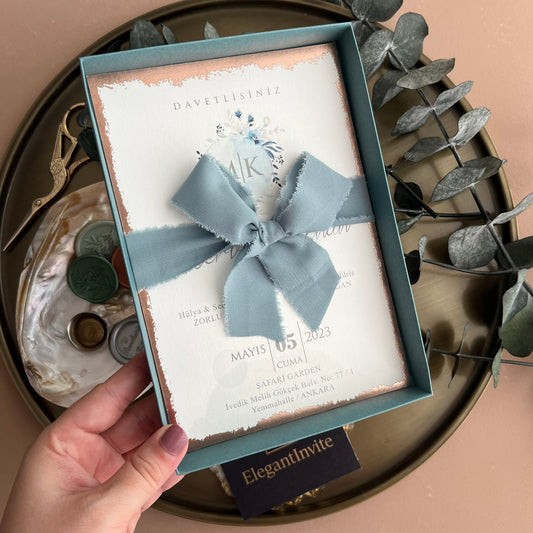 Teal Box Wedding Invitation with Blue Ribbon & Gold Foil Details