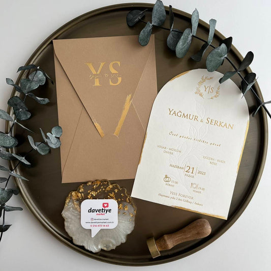 Arched Beige Wedding Invitation with Gold Foil and Tan Envelope