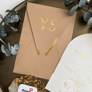 Arched Beige Wedding Invitation with Gold Foil and Tan Envelope