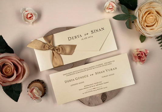 Cream Wedding Invitation with Gold Foil & Satin Ribbon