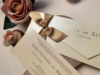 Cream Wedding Invitation with Gold Foil & Satin Ribbon