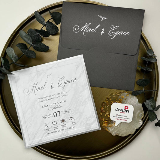 Silver Foil Square Wedding Invitation with Marble Texture