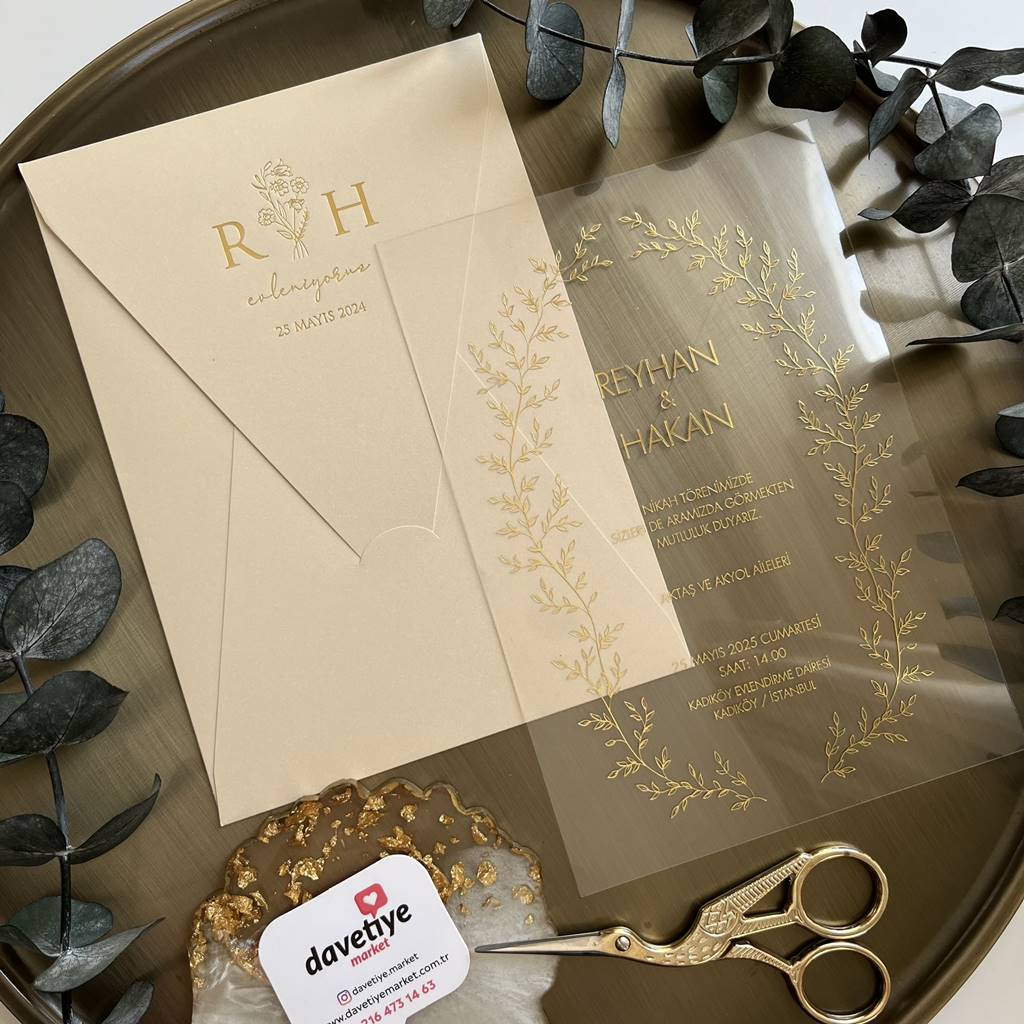 Transparent Acrylic Wedding Invitation with Gold Foil | Elegant Botanical Design