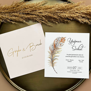 Elegant Feather Wedding Invitation with Soft Envelope – 16x16 cm
