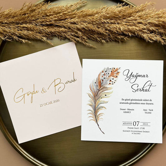 Elegant Feather Wedding Invitation with Soft Envelope – 16x16 cm