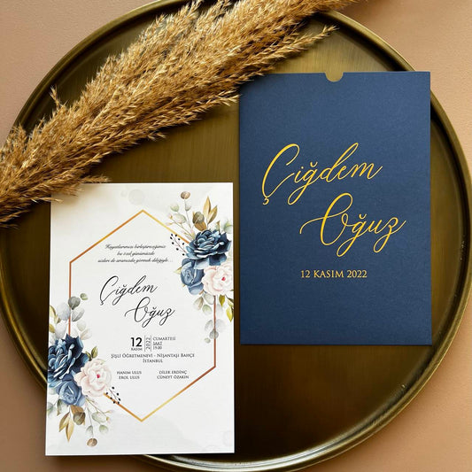 Floral Wedding Invitation with Navy Blue Foil Sleeve – Elegant Style