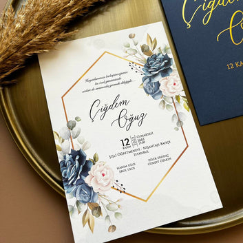 Floral Wedding Invitation with Navy Blue Foil Sleeve – Elegant Style