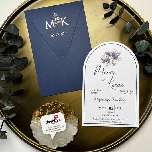 Navy Blue Floral Arch Wedding Invitation with Initial Monogram