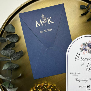 Navy Blue Floral Arch Wedding Invitation with Initial Monogram