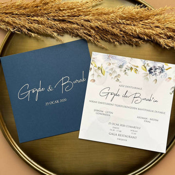 Elegant Navy Blue Wedding Invitation with Floral Detail – 16x16 cm