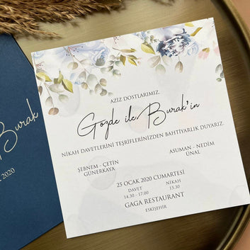 Elegant Navy Blue Wedding Invitation with Floral Detail – 16x16 cm
