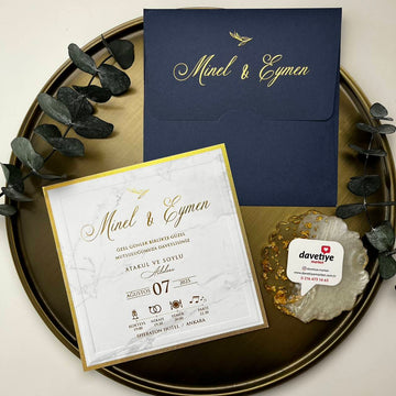 Navy & Gold Square Wedding Invitation with Marble Texture