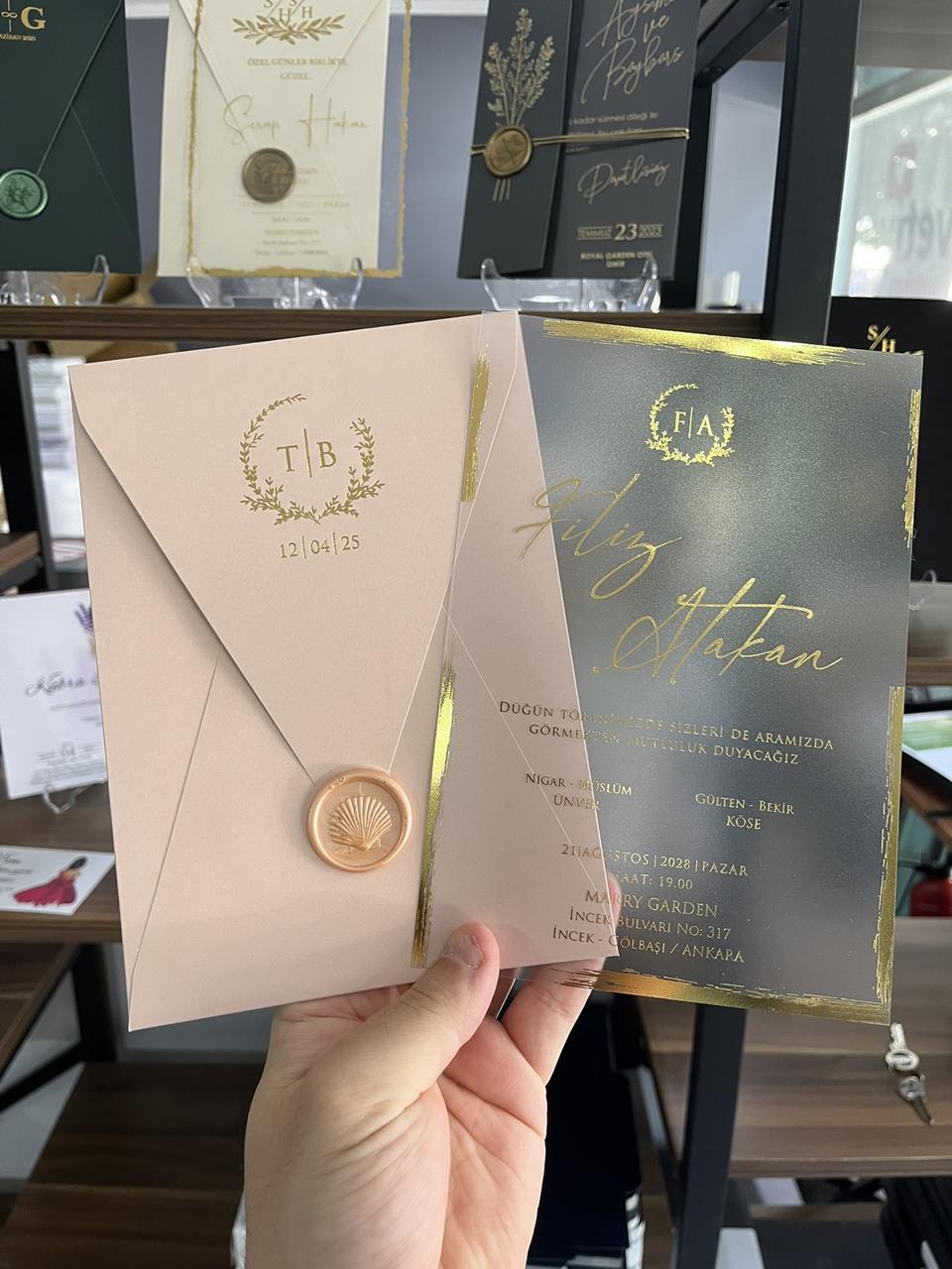 Luxury Clear Wedding Invitation with Gold Foil and Shell Wax Seal