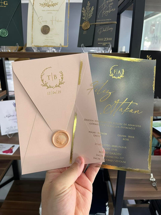 Luxury Clear Wedding Invitation with Gold Foil and Shell Wax Seal
