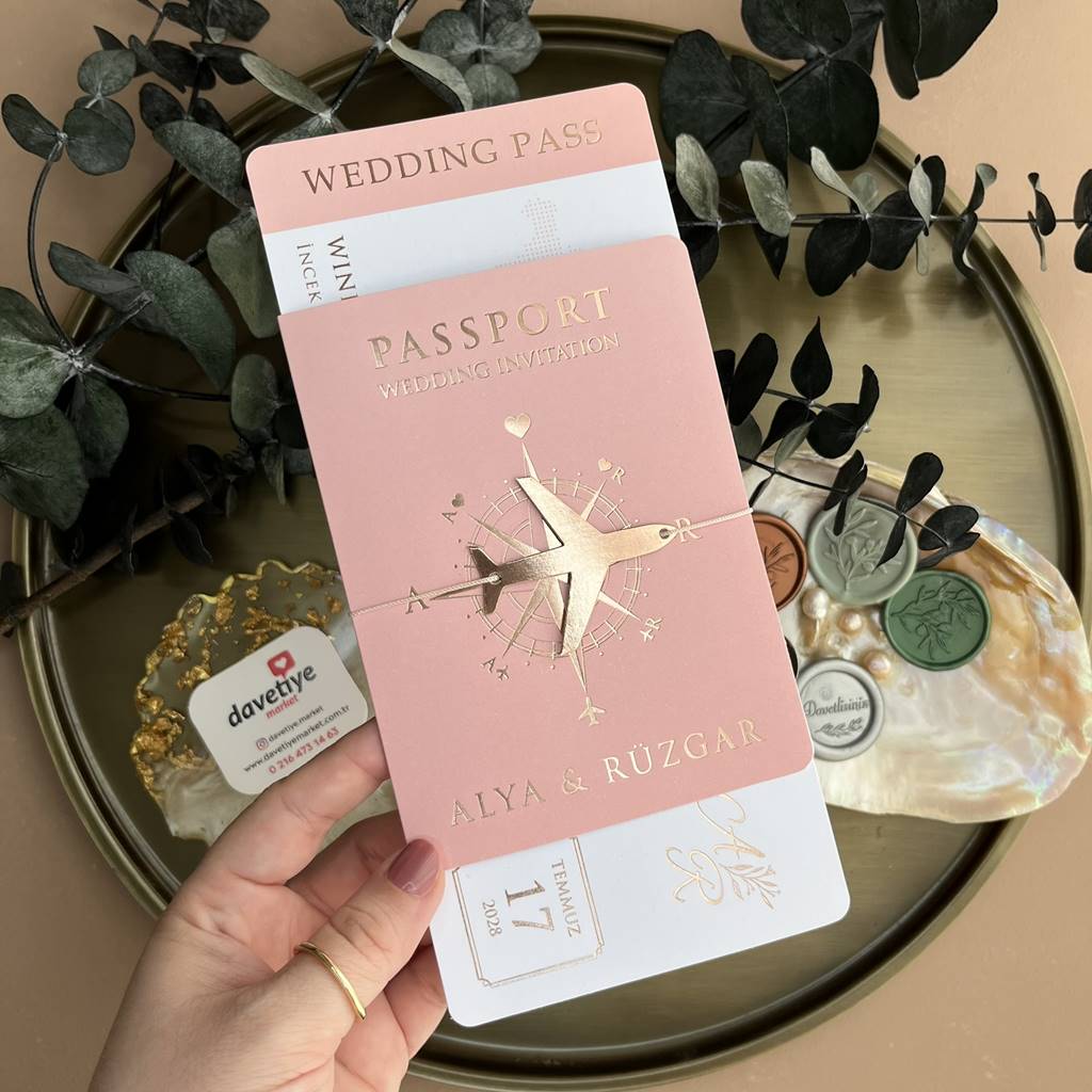 Pink Passport Wedding Invitation with Gold Foil – Travel Theme