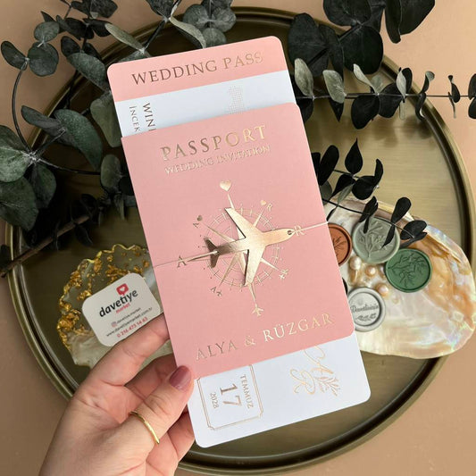 Pink Passport Wedding Invitation with Gold Foil – Travel Theme