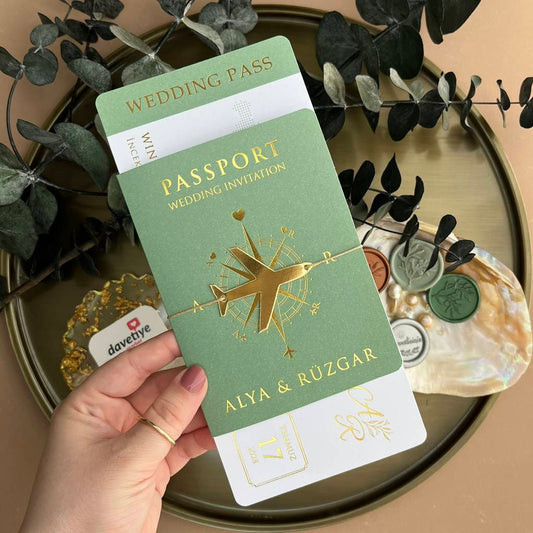 Green Passport Wedding Invitation with Gold Foil – Travel Themed Design
